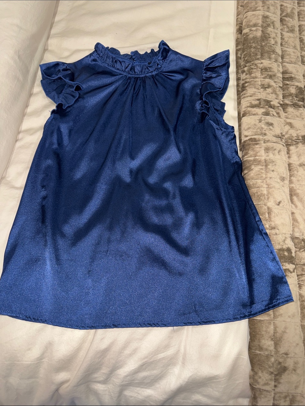 Navy Blue Ruffle Neck Satin Top